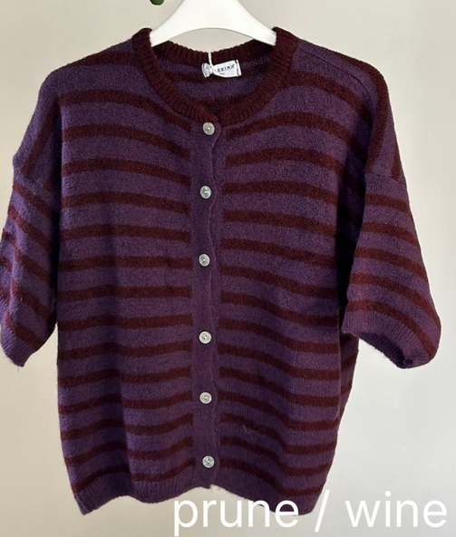 Striped Baby Alpaca Cardigan Short Sleeve Prune/Wine