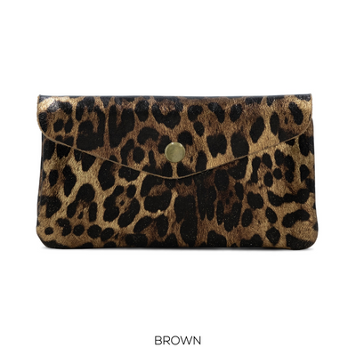 Large Leather Button Purse Animal Print Brown