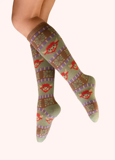Fair Isle Highland Cow Knee High Socks