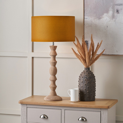 Natural Modernist Large Turned Wood Table Lamp Base with Henry 40cm Mustard Handloom Cylinder Lampshade